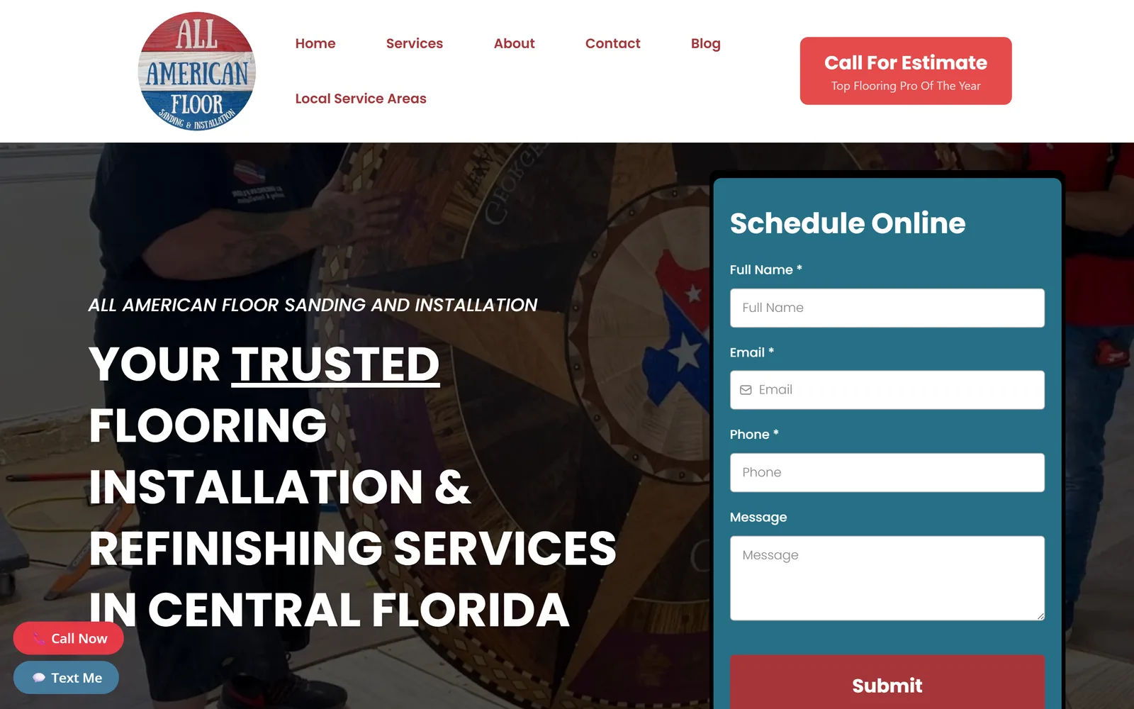 The All American Floor Sanding homepage: an installer laying a star-pattern hardwood medallion behind the headline "Your Trusted Flooring Installation & Refinishing Services in Central Florida", with a Schedule Online form beside it and Call Now and Text Me buttons pinned to the corner.