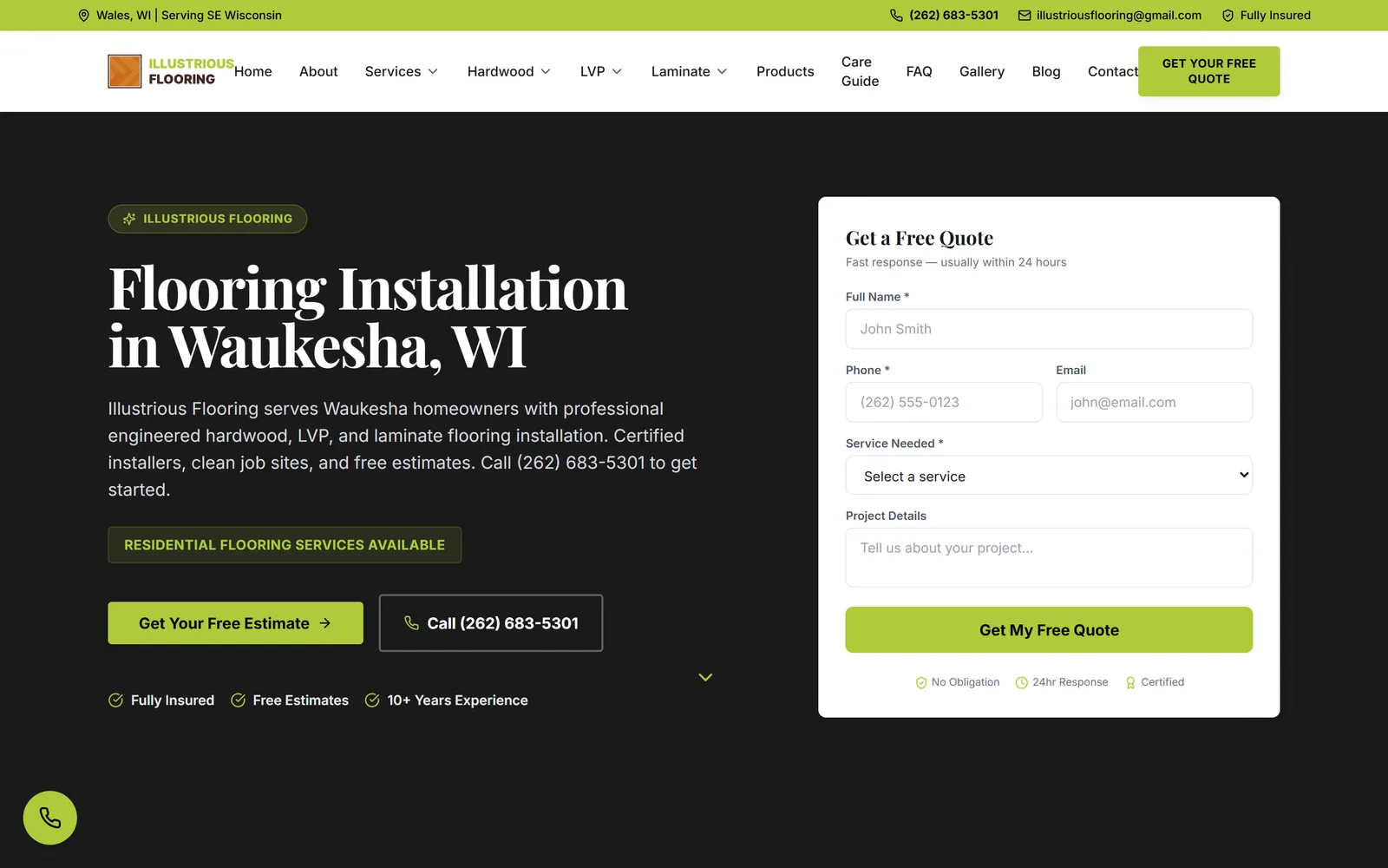 The Illustrious Flooring homepage: a dark hero with the headline "Flooring Installation in Waukesha, WI", the rewritten local-intent paragraph beneath it, Get Your Free Estimate and click-to-call buttons, and a Get a Free Quote form on the right. A location and phone bar runs across the top.