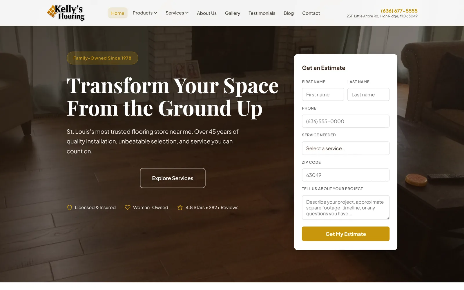The Kelly's Flooring homepage: a dark hardwood living room behind the headline "Transform Your Space From the Ground Up", a "Family-Owned Since 1978" badge, and a Get an Estimate form beside it. The header carries the High Ridge, MO address and phone number.