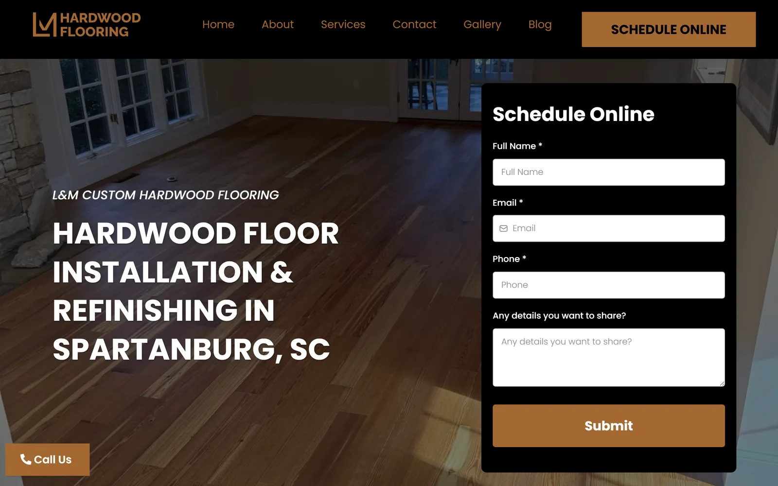 The L&M Custom Hardwood Flooring homepage: a refinished hardwood room behind the headline "Hardwood Floor Installation & Refinishing in Spartanburg, SC", with a Schedule Online form beside it and a Call Us button in the corner.