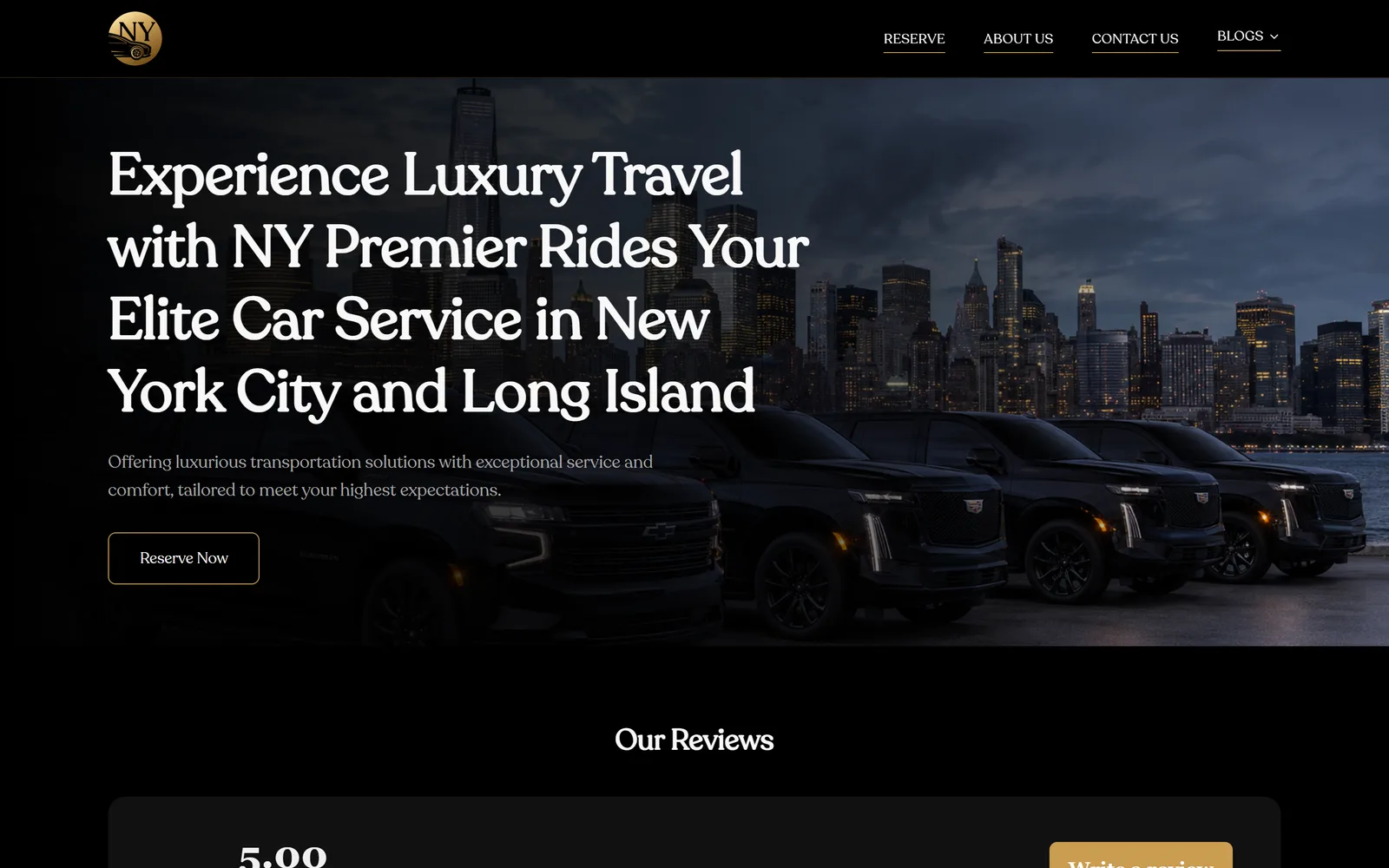 The NY Premier Rides homepage: a row of black Escalades and Suburbans against the Manhattan skyline at dusk, under the headline "Experience Luxury Travel with NY Premier Rides Your Elite Car Service in New York City and Long Island" and a Reserve Now button.