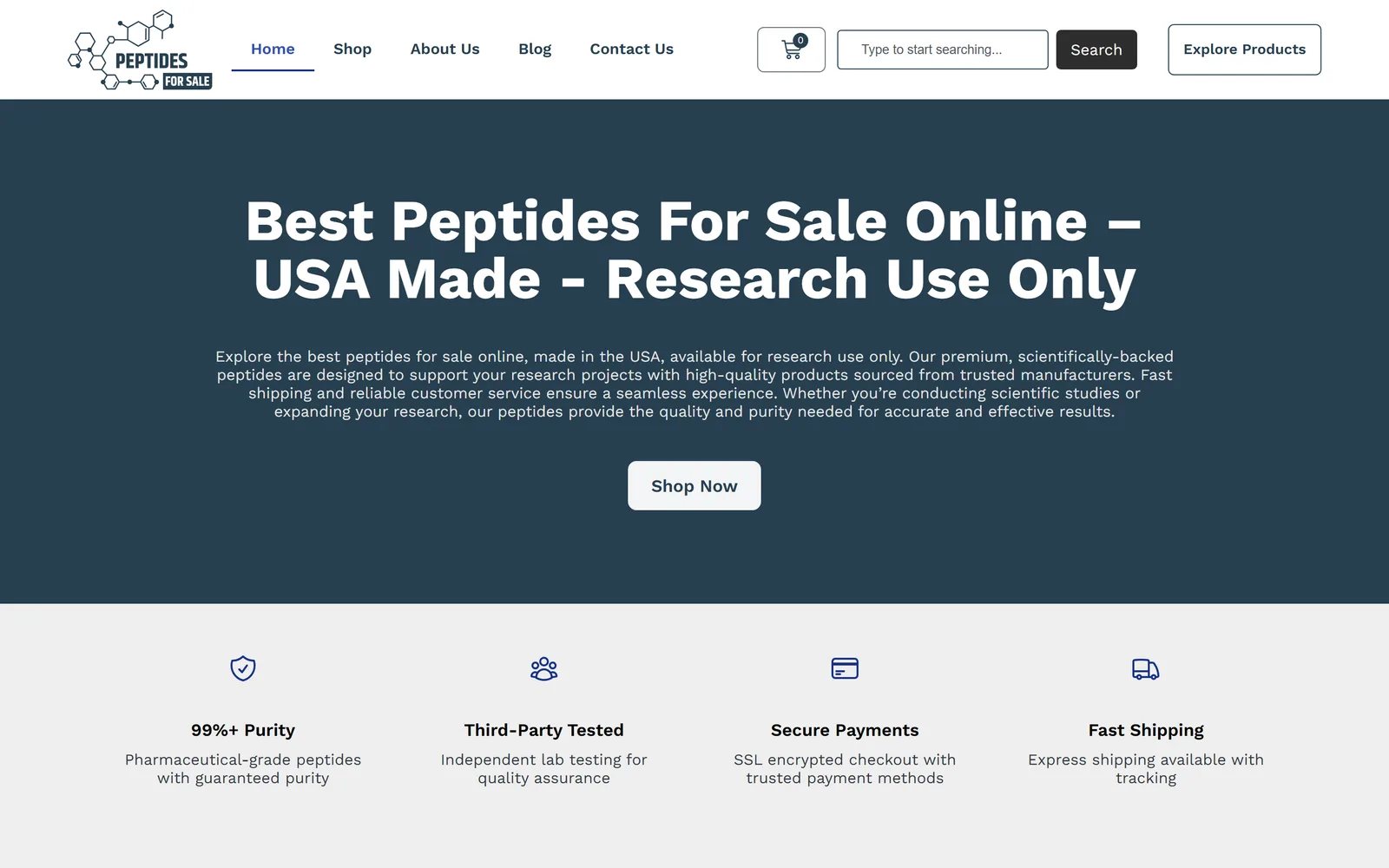 The Peptides for Sale storefront: a navy hero reading "Best Peptides For Sale Online — USA Made - Research Use Only" above a Shop Now button, with a product search bar in the header and a row of 99%+ Purity, Third-Party Tested, Secure Payments and Fast Shipping trust badges below.